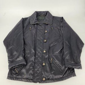 ARC Womens Jacket Black Satin Full Zip Pockets Collar Quilted Hip Length 12